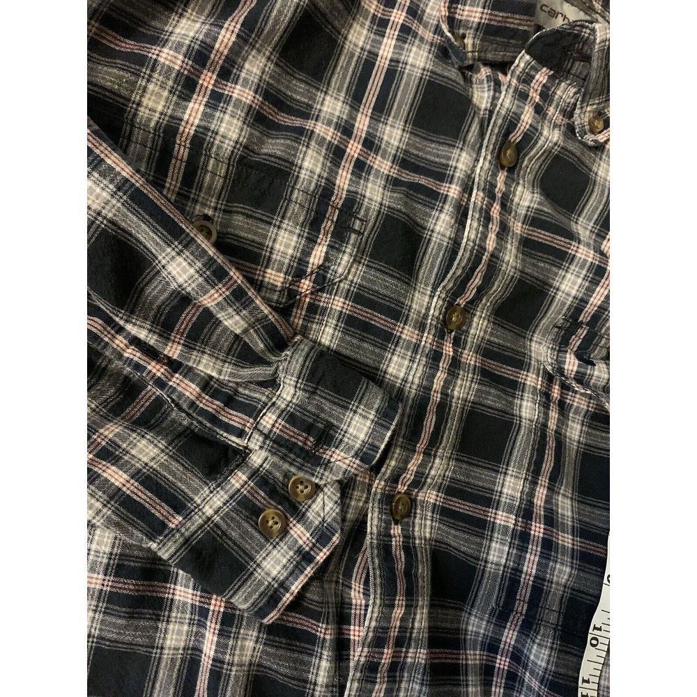 Mens L Relaxed Fit Carhartt Black Plaid Flannel Button Down